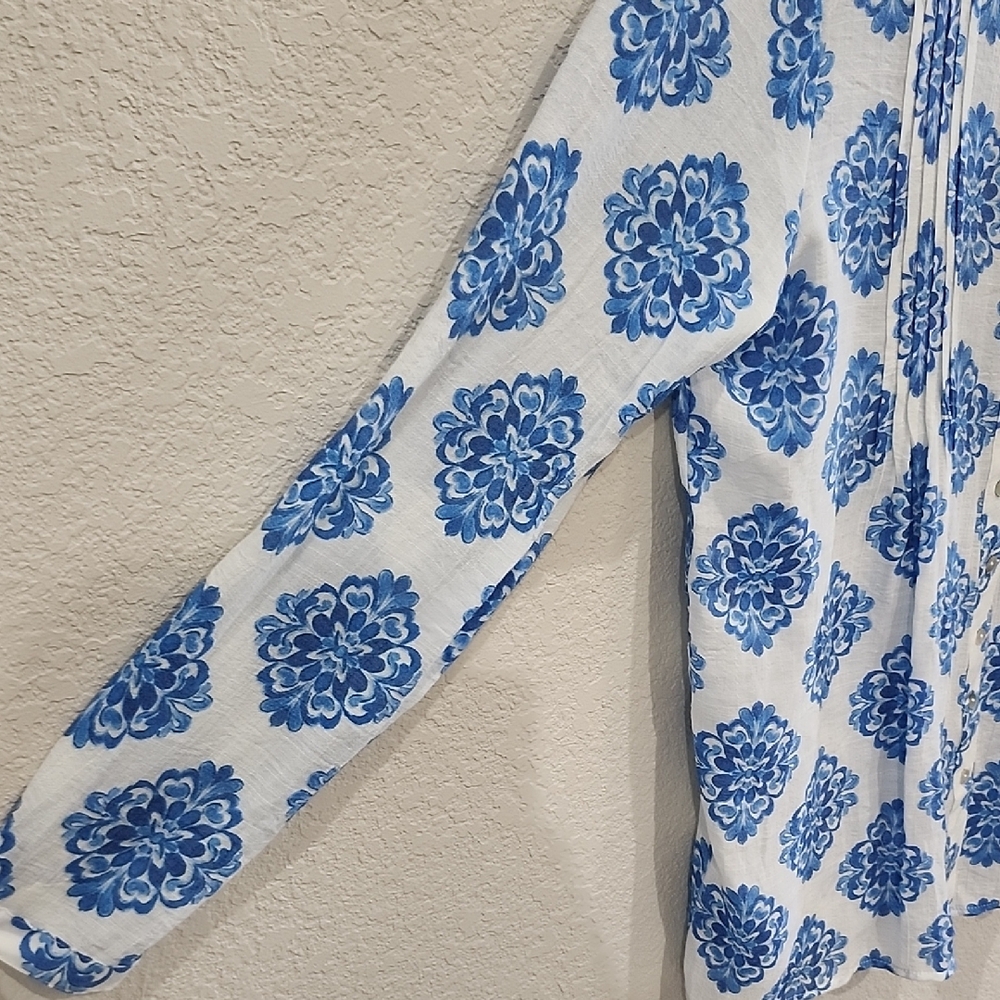 Nanette Lepore Pintuck Pleats Blue White Resortwear Patterned Tunic Blouse Small - Picture 5 of 9